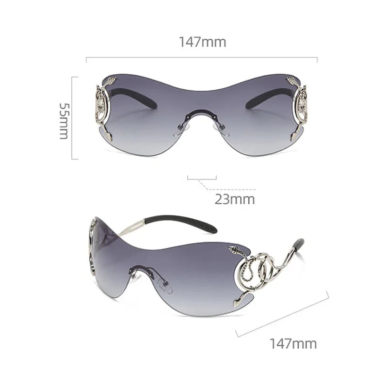Rimless Gradient Snake Shaped Mirror Leg Sunglasses Oversized Y2k Trendy Wrap Around Punk