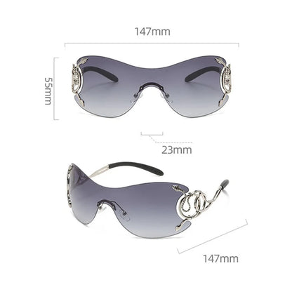 Rimless Gradient Snake Shaped Mirror Leg Sunglasses Oversized Y2k Trendy Wrap Around Punk
