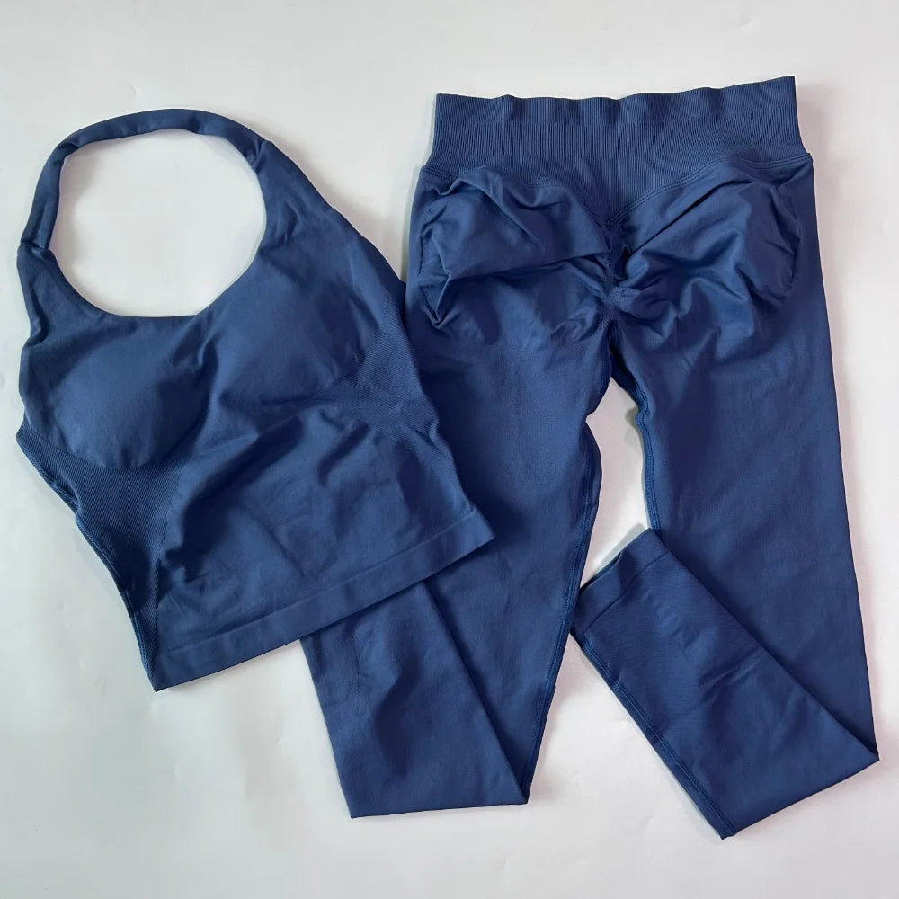 2pcs Women's Gym Set Backless Tank Top High Waist Scrunch Shorts Seamless Fitness Activewear Workout Suit