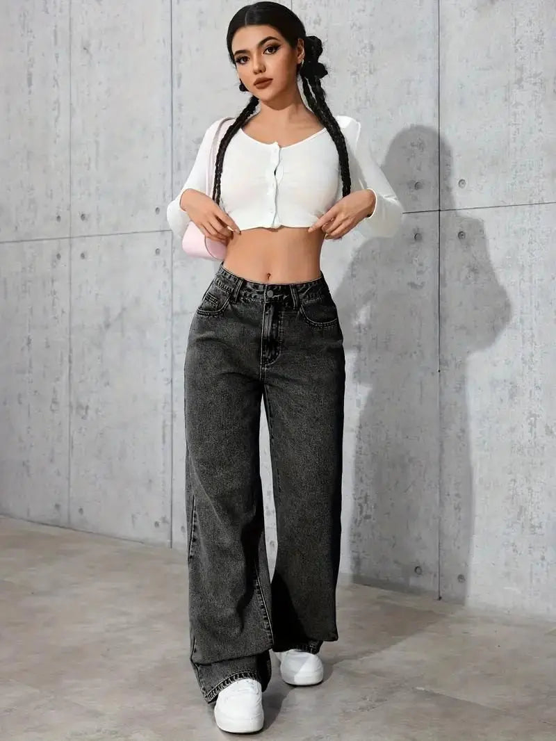 Trendy Wide Leg Distressed Straight Jeans for Women Elastic Casual Bootcut Denim Pants Bestseller Fashionable Ladies Jeans