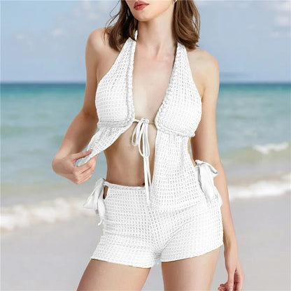 Chic Women Knitted Outfit Sets Summer Beach Halter Neck Tie-up Front Sleeveless Tank Tops Low Rise Mini Shorts 2 Pcs Set