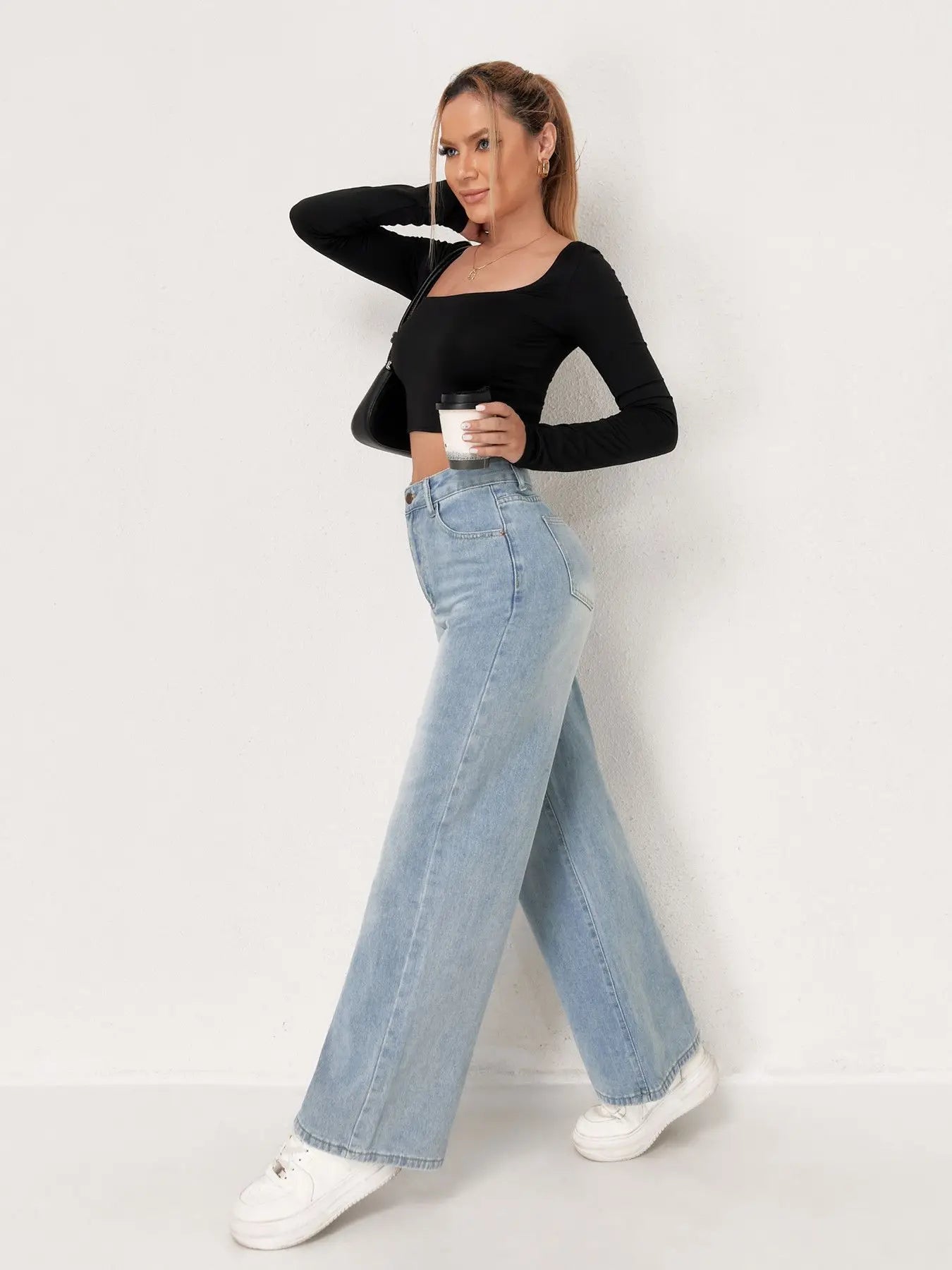 Trendy Wide Leg Distressed Straight Jeans for Women Elastic Casual Bootcut Denim Pants Bestseller Fashionable Ladies Jeans