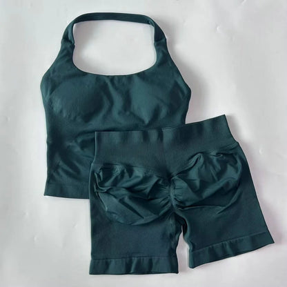 2pcs Women's Gym Set Backless Tank Top High Waist Scrunch Shorts Seamless Fitness Activewear Workout Suit