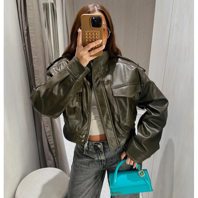 Faux Leather Cropped Jacket Women Bomber
