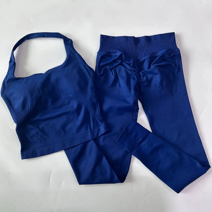2pcs Women's Gym Set Backless Tank Top High Waist Scrunch Shorts Seamless Fitness Activewear Workout Suit