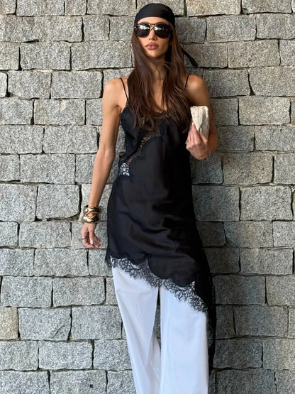 HH Elegant Sexy Women Lace Slip Mini Dress 2025 Sleeveless Asymmetry Dress Backless Slim Female Party Beach Sling Splicing Dress