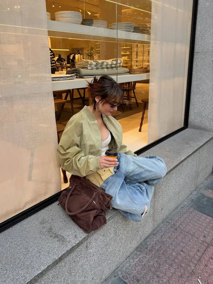 Cropped Bomber Short Jackets Women Solid Folded Hem Zipper Pockets Full Sleeves Coats Women Lady Casual Daily Street Outwear New