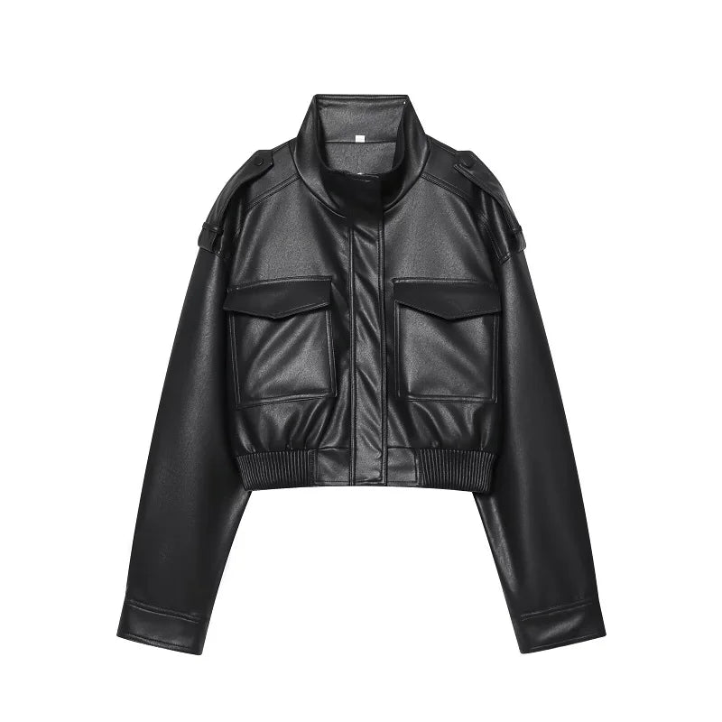 Faux Leather Cropped Jacket Women Bomber