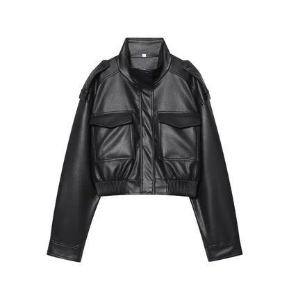 Faux Leather Cropped Jacket Women Bomber