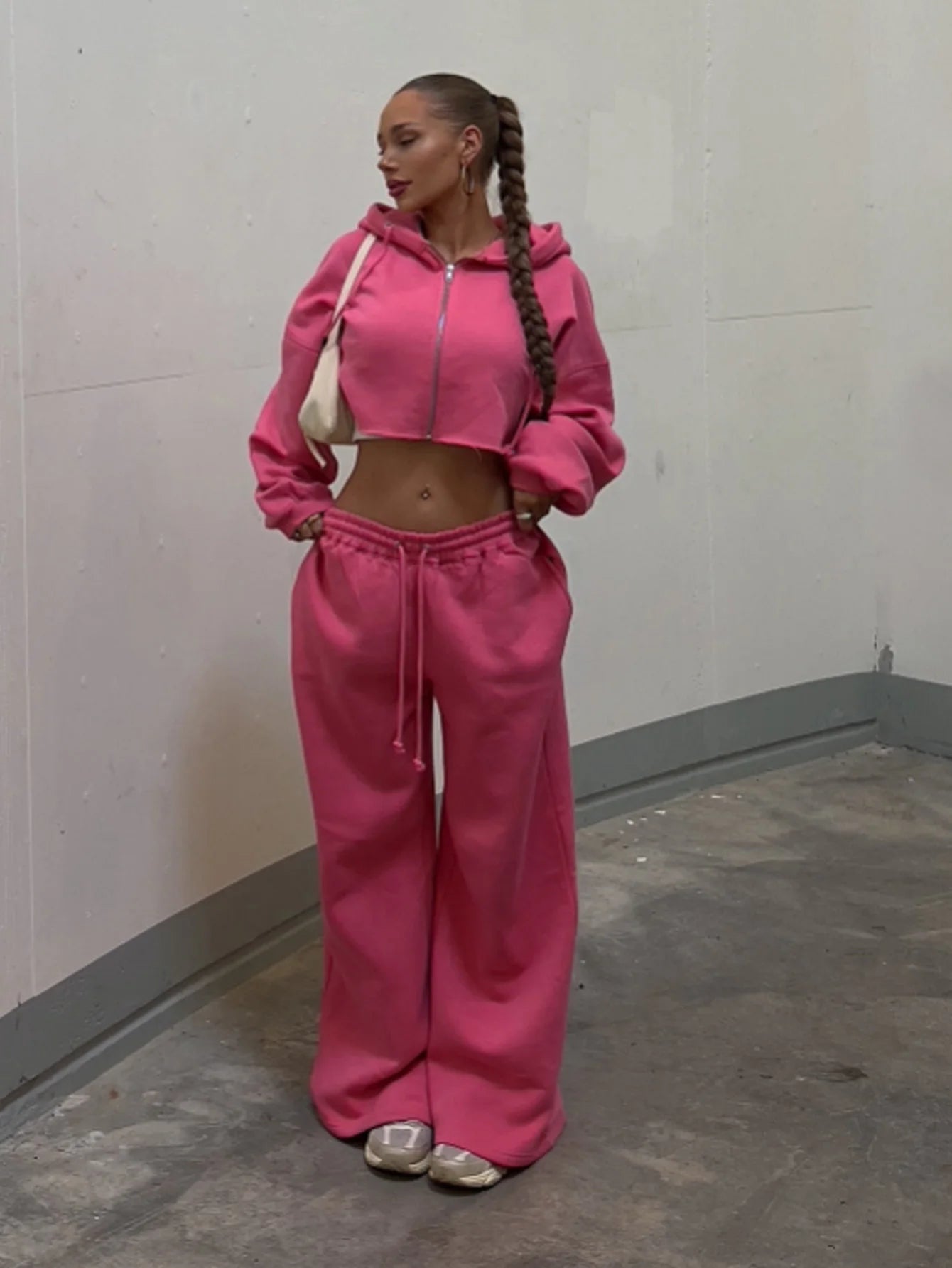 Hooded Zip-up Cropped Sweatshirt and Long Pants