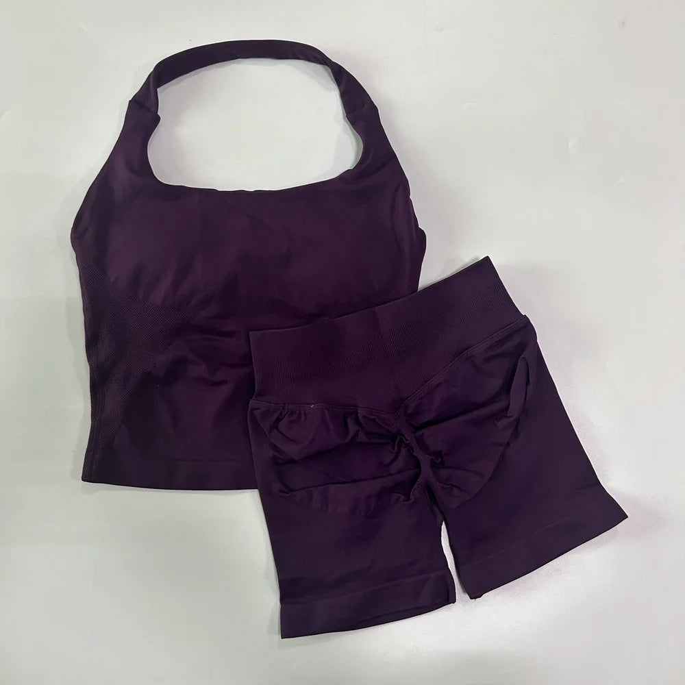 2pcs Women's Gym Set Backless Tank Top High Waist Scrunch Shorts Seamless Fitness Activewear Workout Suit
