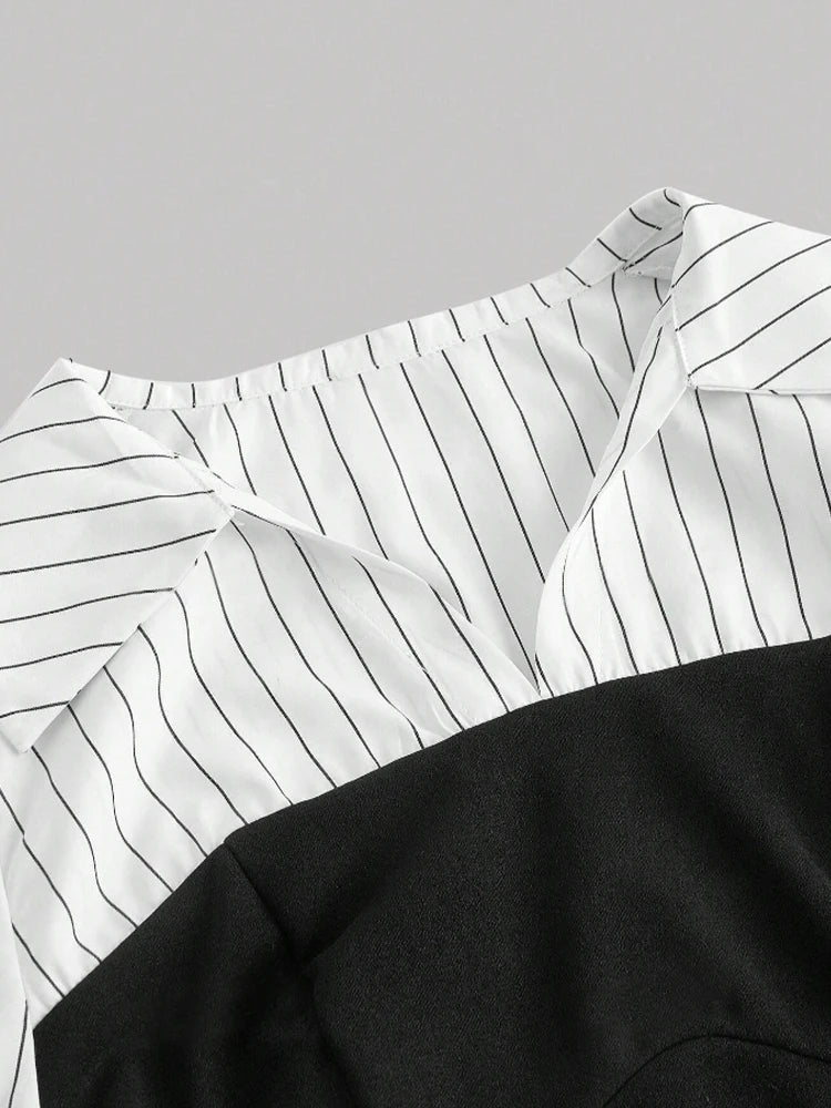 Women Elegant Striped Shirt  with Lapel Spliced