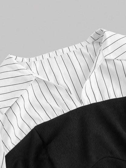 Women Elegant Striped Shirt  with Lapel Spliced