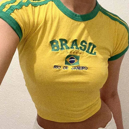BRASIL Letter Print T-Shirt and Shorts Suit, Vintage Grunge  Short Sleeve Baby Tees,