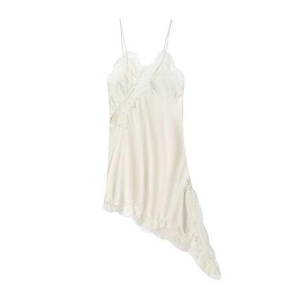 HH Elegant Sexy Women Lace Slip Mini Dress 2025 Sleeveless Asymmetry Dress Backless Slim Female Party Beach Sling Splicing Dress