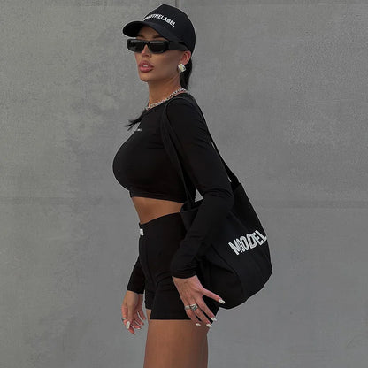 Round Neck Long sleeved Shirt and  Shorts Two piece Set