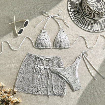 2025 New Summer Halter Bikini 3 Pieces Women Special Material Sexy Thong Swimwear with Sarong Skirt Solid Pink Beachwear