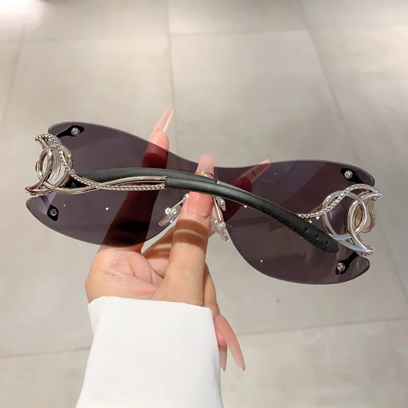Rimless Gradient Snake Shaped Mirror Leg Sunglasses Oversized Y2k Trendy Wrap Around Punk