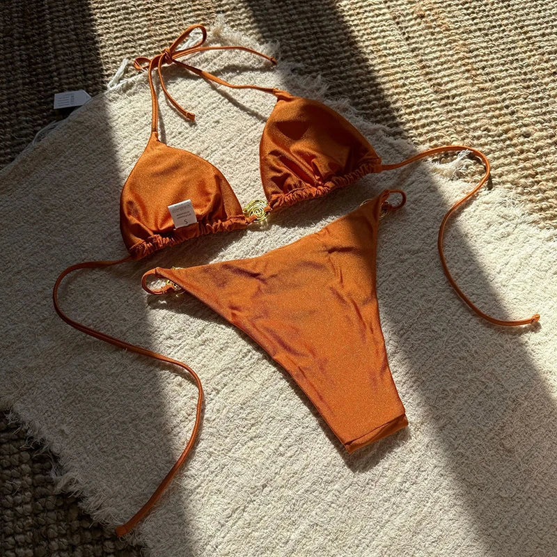 Vintage Metal Buckle Bikini Set Swimwear Women Sexy Triangle Halter High Cut Thong Bikini Push Up 2025 New Beach Bathing Suit