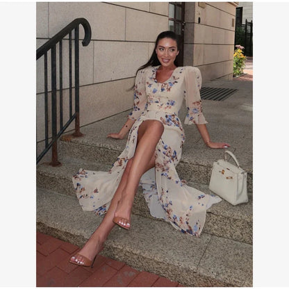 Flutter Sleeves Slim Long Dress Women Casual Pleated Deep V-neck Floral Print High Waist Dresses 2026 Lady Summer Holiday Wear