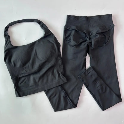 2pcs Women's Gym Set Backless Tank Top High Waist Scrunch Shorts Seamless Fitness Activewear Workout Suit