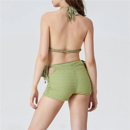 Chic Women Knitted Outfit Sets Summer Beach Halter Neck Tie-up Front Sleeveless Tank Tops Low Rise Mini Shorts 2 Pcs Set