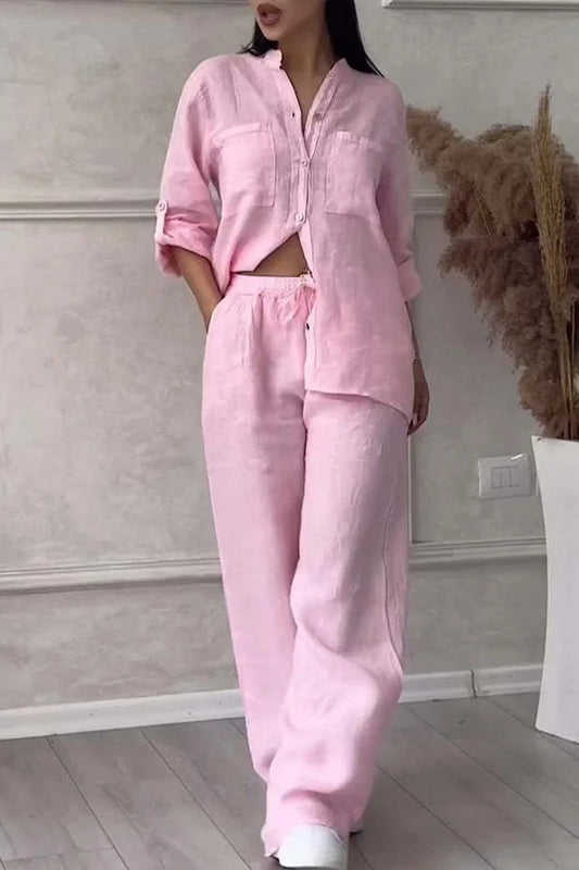 Spring Autumn Cotton Linen Long Sleeved shirt + Long Pants Two-piece Set Women Casual V-neck Shirt Drawstring Wide leg Pant Suit