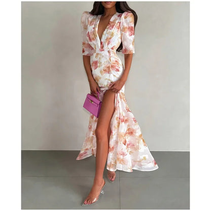 Flutter Sleeves Slim Long Dress Women Casual Pleated Deep V-neck Floral Print High Waist Dresses 2026 Lady Summer Holiday Wear