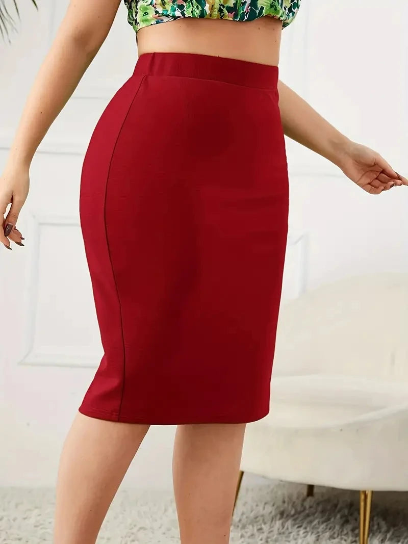 2026 Summer Plus Size Solid Slim Skirt, Casual High Waist Slit Skirt, Women's Plus SizeClothing