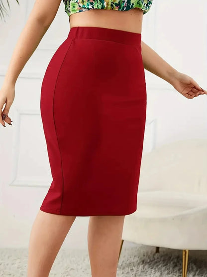 2026 Summer Plus Size Solid Slim Skirt, Casual High Waist Slit Skirt, Women's Plus SizeClothing
