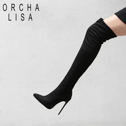 ORCHA LISA Winter Shoes Women Stilettos Thin Heels Over The Knee Boots Pointed Toe Stretched Zipper Thigh high Booties US15