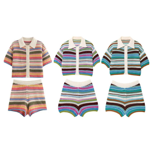 Women Patchwork Striped Hollow Out Crochet Knitted Crop Sweater Shorts Set Short Sleeve Polo Collar Sweater Knit Shorts Suit Y2K