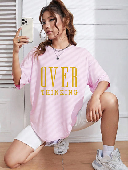 Over Thinking Letter Print Women Cotton Short Sleeve Breathable Vintage O-Neck Tops All-math Casual T-Shirts Female Tee Clothing