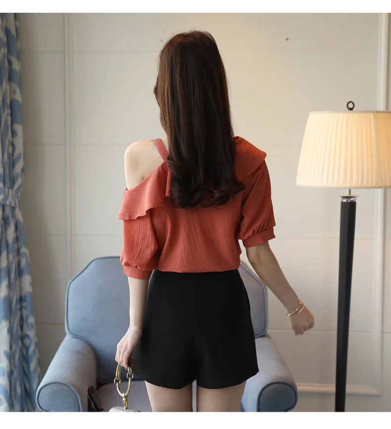 One-Shoulder Ruffles Short-sleeved Chiffon Blouse