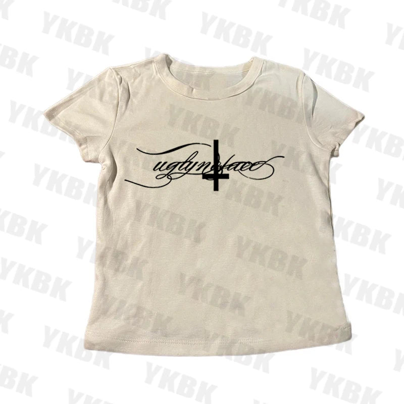 Letter cross print suspender casual streetwear harajuku grunge punk Y2K crop tops chic sexy lace trim emo girl hip hop women top