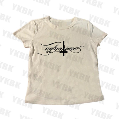 Letter cross print suspender casual streetwear harajuku grunge punk Y2K crop tops chic sexy lace trim emo girl hip hop women top