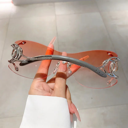 Rimless Gradient Snake Shaped Mirror Leg Sunglasses Oversized Y2k Trendy Wrap Around Punk