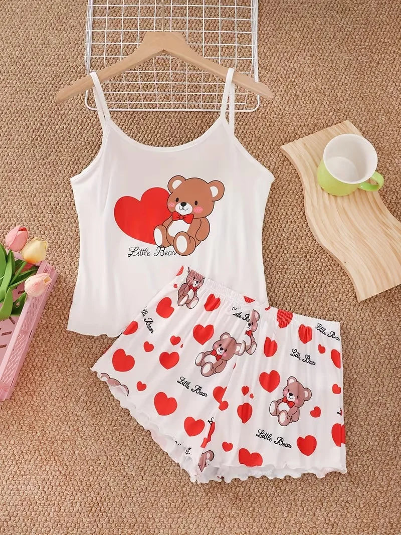 Cute Bear+Red Peach Heart Print Pajama Shorts Set