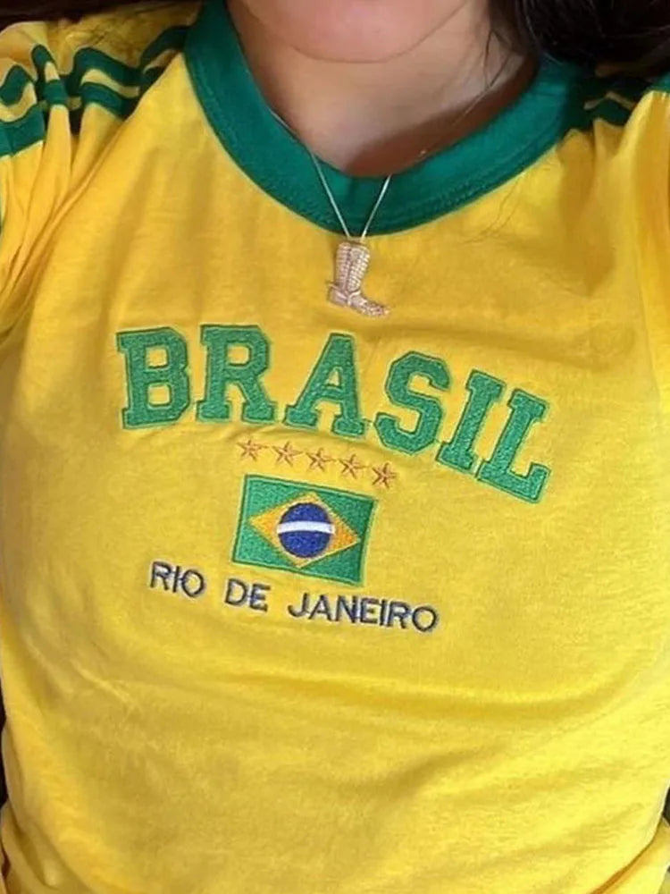 BRASIL Letter Print T-Shirt and Shorts Suit, Vintage Grunge  Short Sleeve Baby Tees,