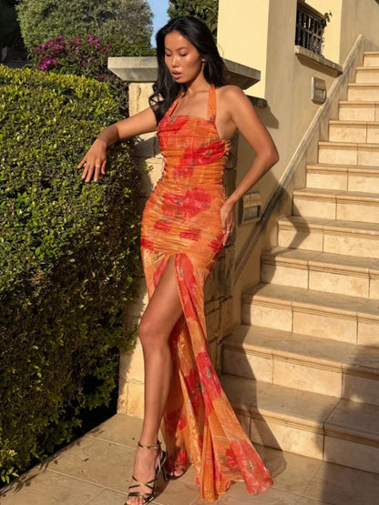 Flutter Sleeves Slim Long Dress Women Casual Pleated Deep V-neck Floral Print High Waist Dresses 2026 Lady Summer Holiday Wear