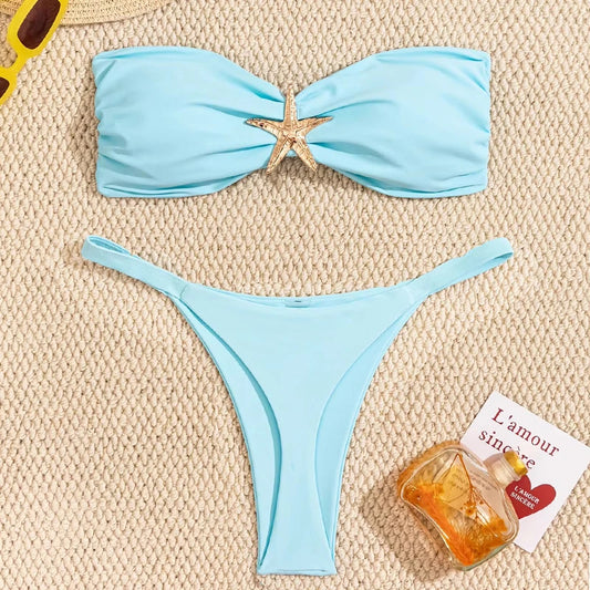 Sexy Bandeau Bikini Set 2026 Women Sky Blue Starfish Ornament Push Up Thong Swimsuit Brazilian Beach Bathing Suit Micro Swimwear