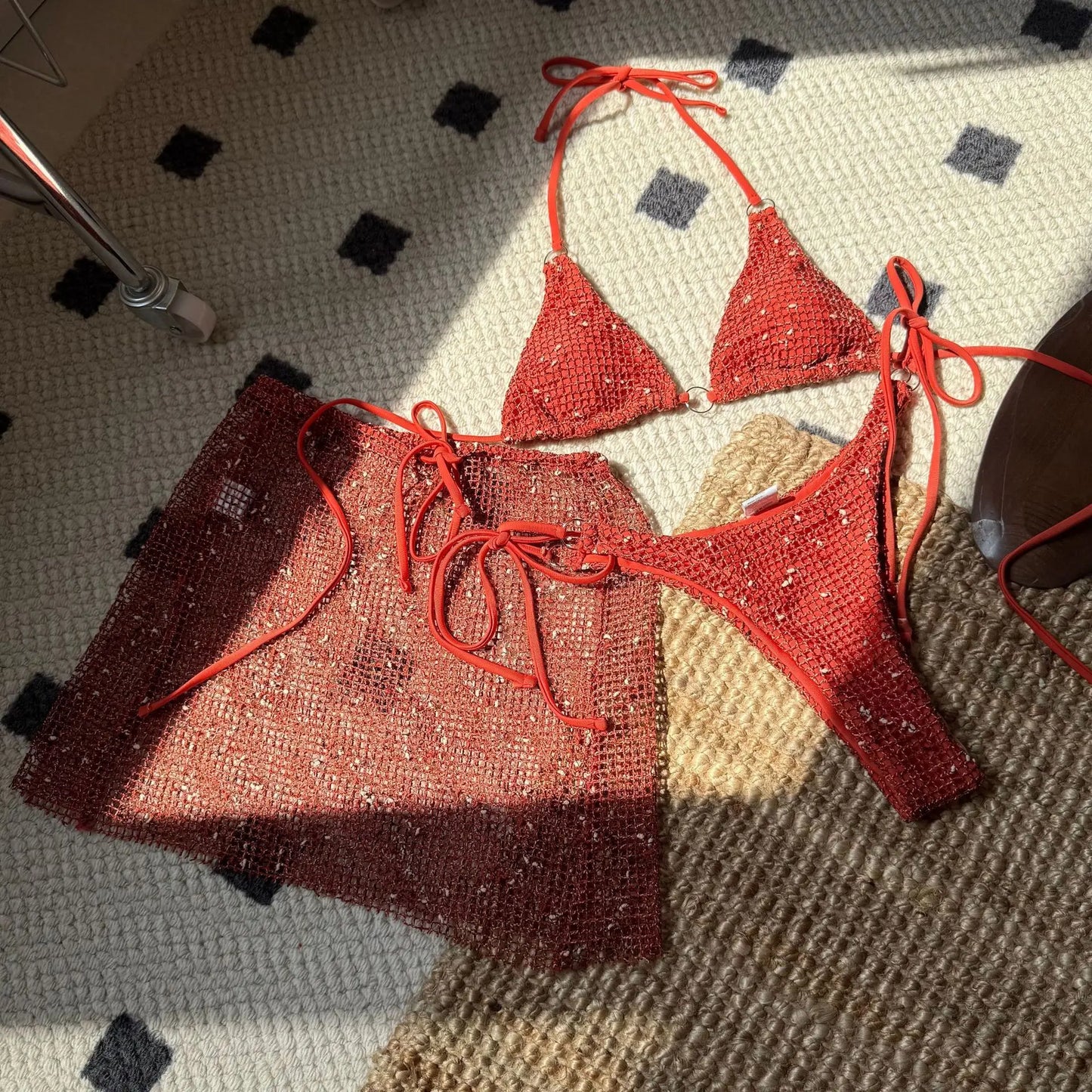 2025 New Summer Halter Bikini 3 Pieces Women Special Material Sexy Thong Swimwear with Sarong Skirt Solid Pink Beachwear