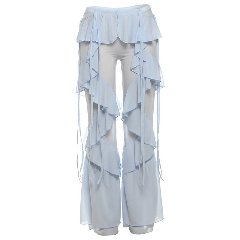 3 Pcs Sexy Knit Bikini With Pants Wide-Leg Ruffle Lace Pants Summer Women White Tube Top with Pants Suit Female
