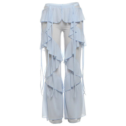 3 Pcs Sexy Knit Bikini With Pants Wide-Leg Ruffle Lace Pants Summer Women White Tube Top with Pants Suit Female