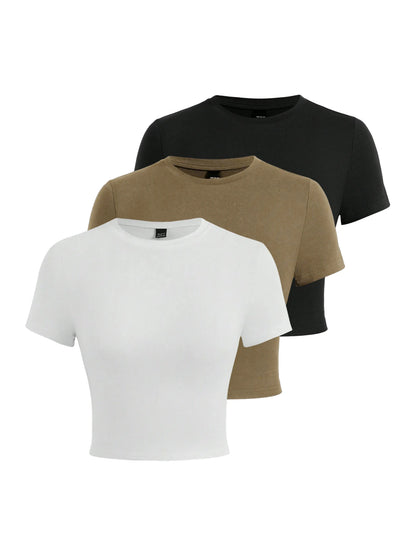 Y2K Woman Solid Cotton Crop Tops Short Sleeve High Elastic T-Shirt Soft O-Neck Sporty Tees Summer Street Fashion Female Clothes