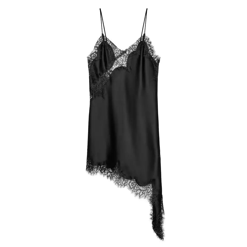 EDSA Women Asymmetric Lace Satin Mini Dress with with Straps V-neck Sexy Short Dresses for Prty
