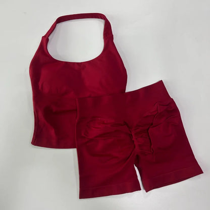 2pcs Women's Gym Set Backless Tank Top High Waist Scrunch Shorts Seamless Fitness Activewear Workout Suit