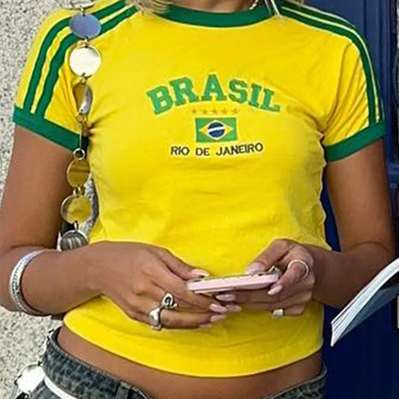 BRASIL Letter Print T-Shirt and Shorts Suit, Vintage Grunge  Short Sleeve Baby Tees,