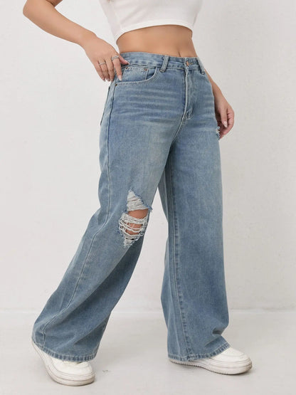 Trendy Wide Leg Distressed Straight Jeans for Women Elastic Casual Bootcut Denim Pants Bestseller Fashionable Ladies Jeans