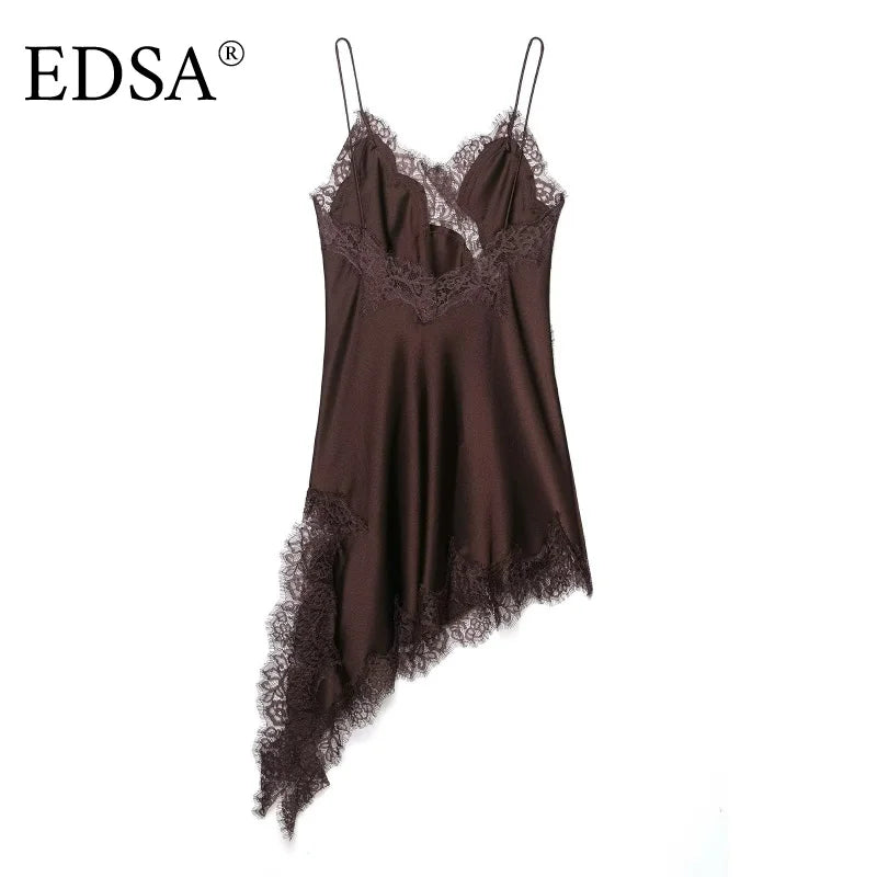 EDSA Women Asymmetric Lace Satin Mini Dress with with Straps V-neck Sexy Short Dresses for Prty